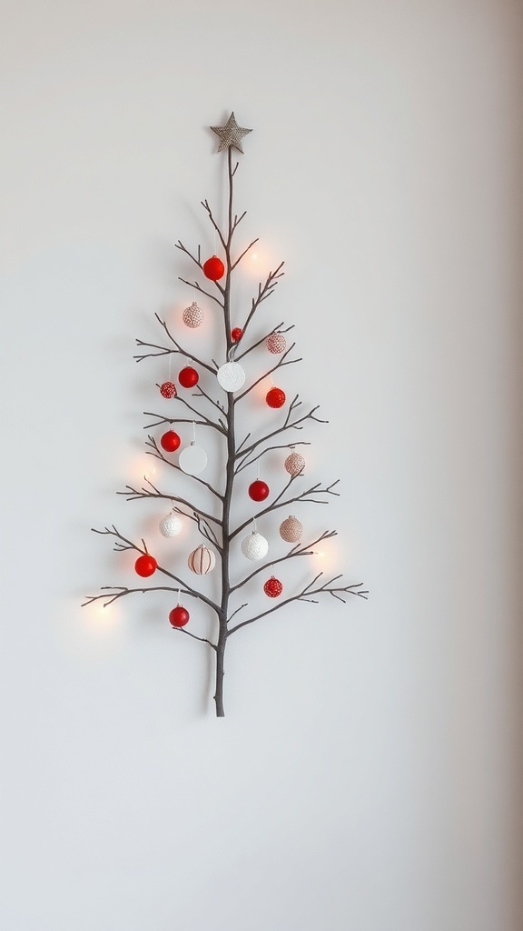 A wall-mounted alternative Christmas tree made of branches, decorated with red and white ornaments and lights.