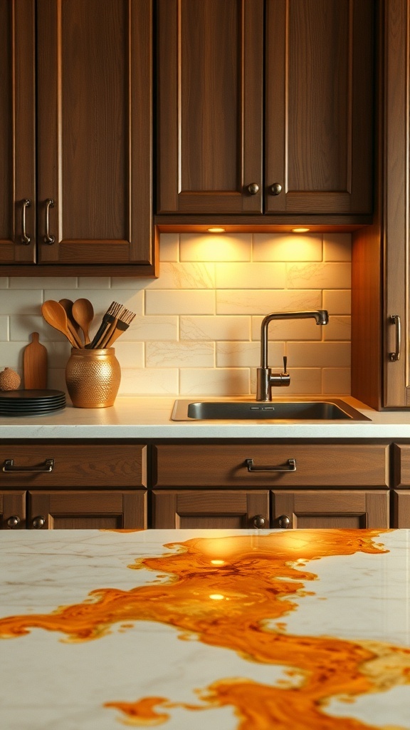 Amber and Gold Infusion recycled glass countertop in a warm kitchen setting with dark wood cabinetry.