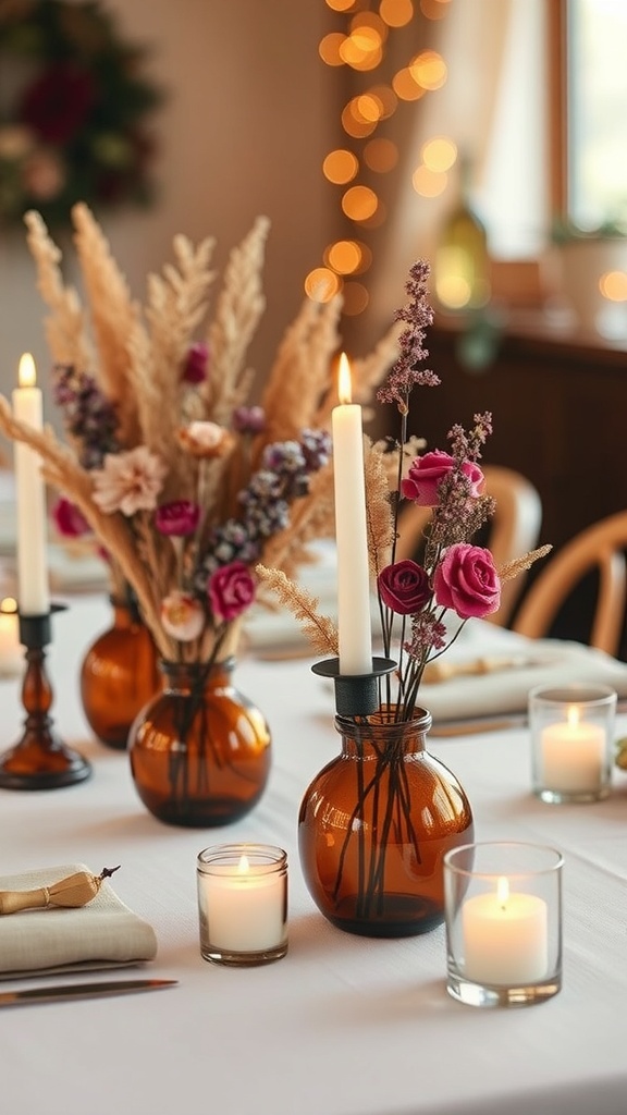 A beautifully set Thanksgiving table featuring amber glass vases with dried flowers and candles, creating a warm and inviting atmosphere.