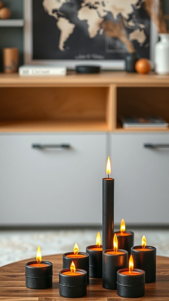A stylish arrangement of black candles on a wooden table, creating a cozy atmosphere.