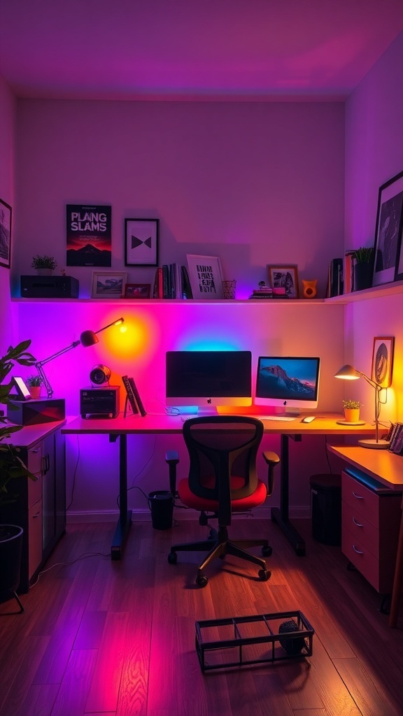 A stylish home office with ambient LED lighting, a sleek wooden desk, and floating bookshelves.