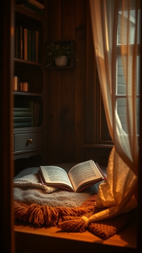 Cozy reading nook with warm lighting, bookshelves, and a comfortable blanket.