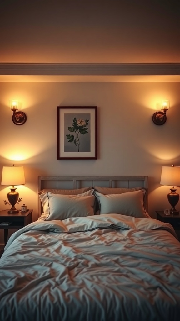A cozy bedroom with soft ambient lighting, featuring a bed with light-colored bedding and warm wall sconces.