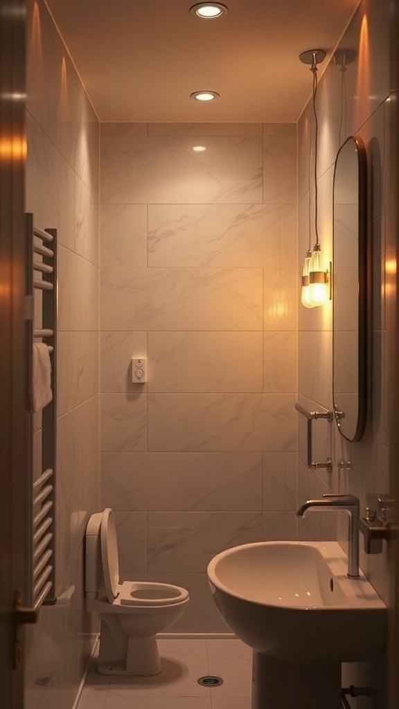 A cozy bathroom with warm ambient lighting, featuring recessed lights and a pendant light.