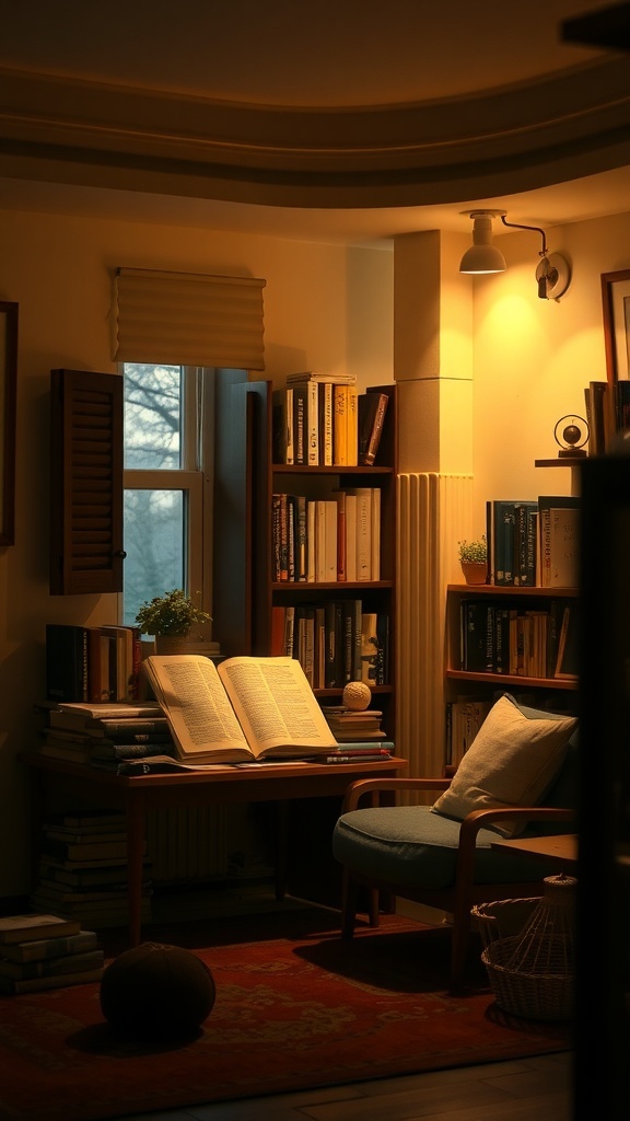 Cozy reading nook with ambient lighting, bookshelves, and a comfortable chair
