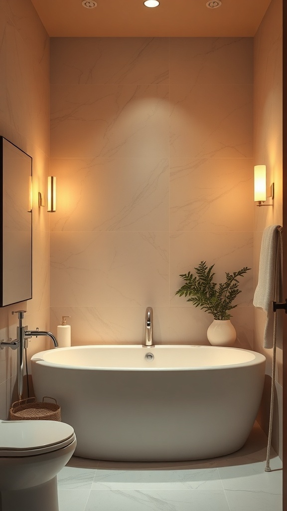 A serene bathroom with warm ambient lighting, featuring a freestanding tub and natural decor.
