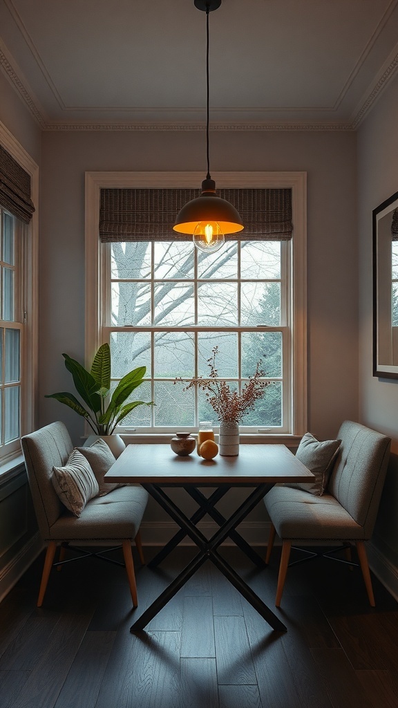 Cozy breakfast nook with a pendant light, warm wood tones, and comfortable seating.