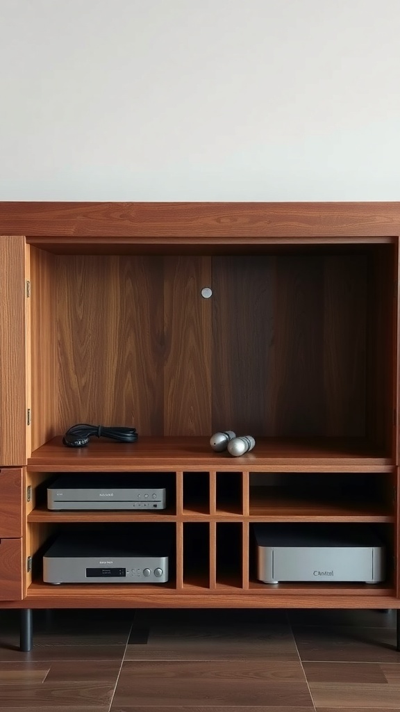 Walnut TV stand with open and closed storage compartments