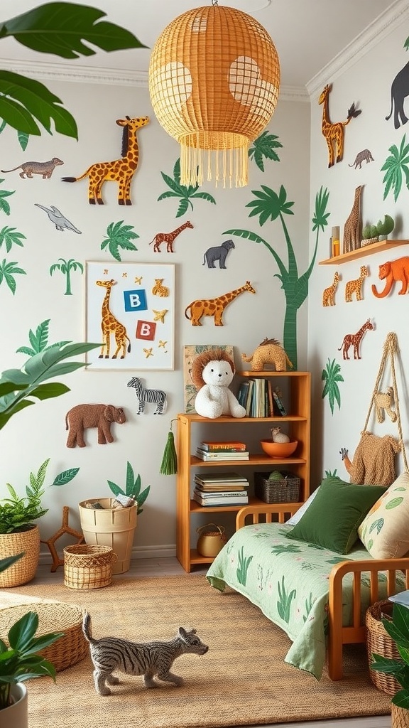 A boy's room decorated with animal safari accents, featuring colorful animal cutouts on the walls, green bedding, and natural textures.