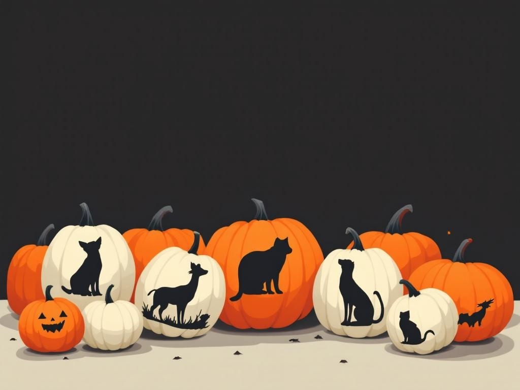 A collection of pumpkins with animal silhouettes, including cats and dogs, set against a dark background.