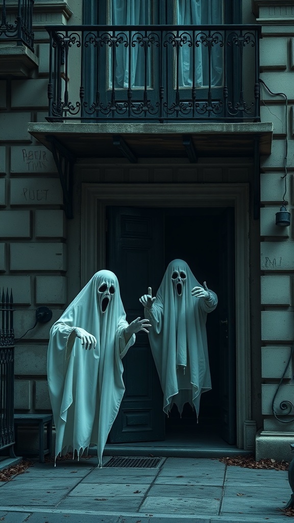 Two animated ghost props on a balcony, creating a spooky Halloween atmosphere.