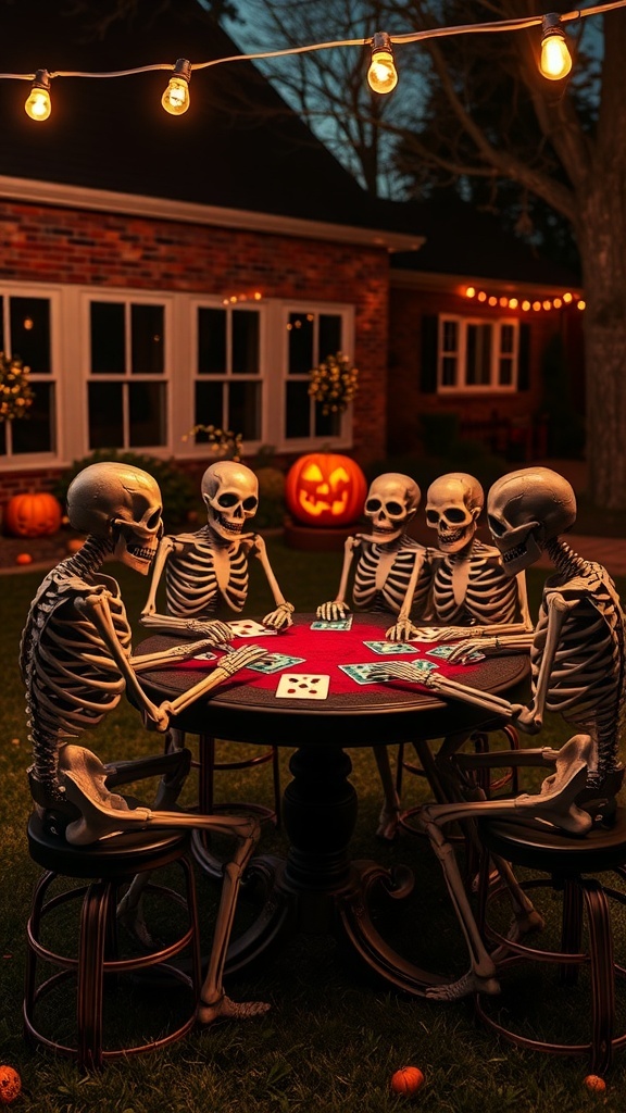 A group of skeletons playing poker around a table in a Halloween yard setting, with pumpkins and string lights in the background.