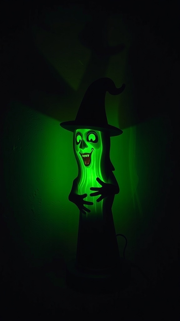 An animated witch lamp glowing green with a smiling face and a pointed hat.