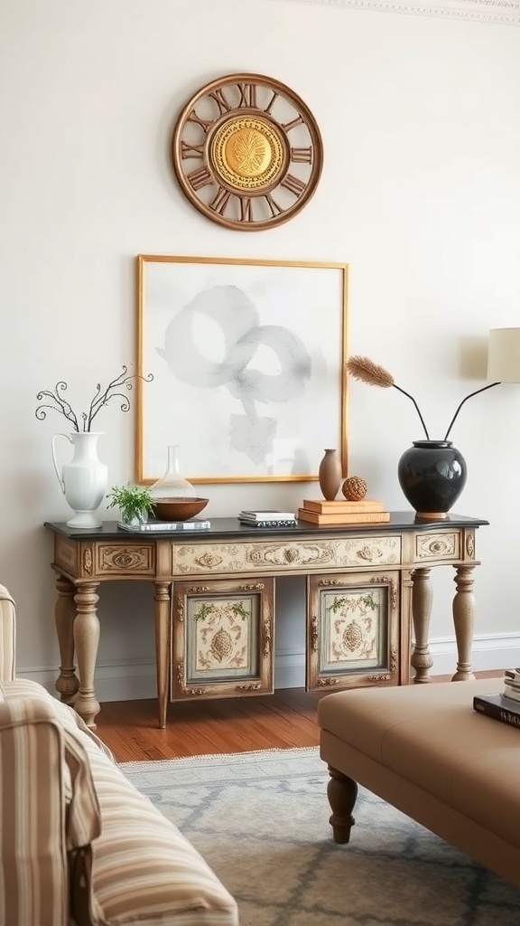 Antique-inspired console table with floral designs and modern decor elements