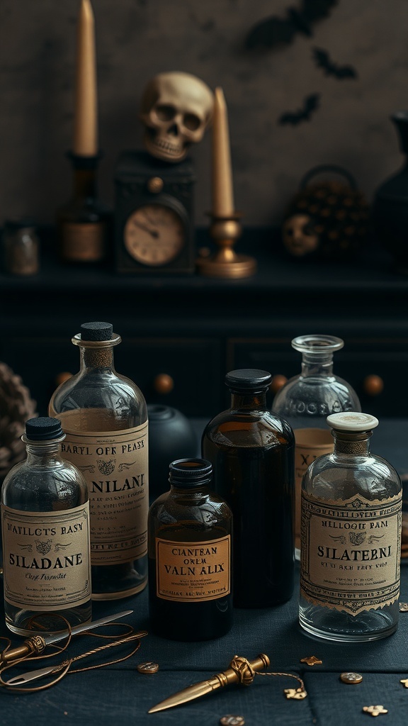 A collection of antique apothecary bottles with vintage labels, surrounded by Halloween decorations.
