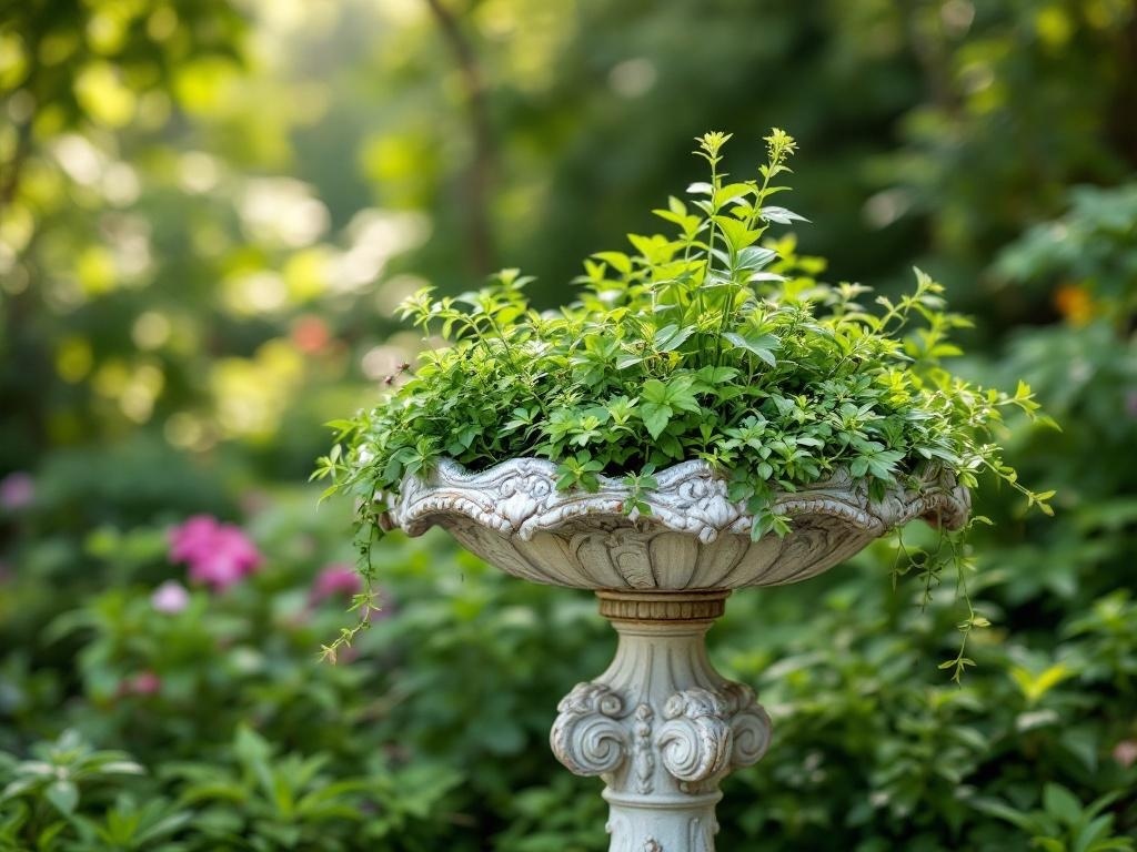 An antique birdbath repurposed as a planter, filled with lush green plants, set in a vibrant garden.