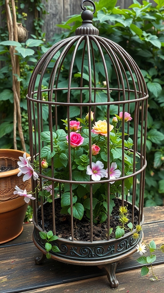 Antique birdcage planter filled with colorful flowers
