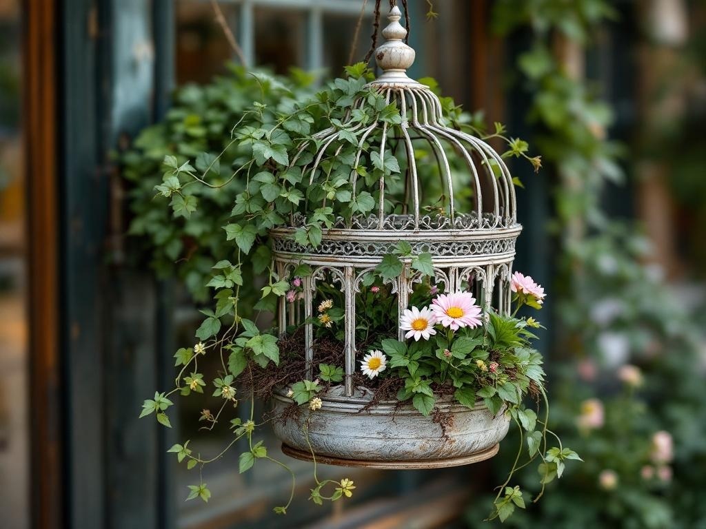 Antique birdcage planter filled with flowers and greenery, hanging decoratively.