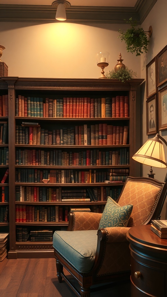 A cozy reading nook featuring an antique bookshelf filled with vintage books, a comfortable armchair, and warm lighting.