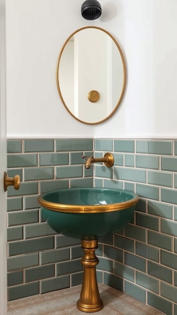 A green ceramic sink with an antique brass rim, placed on a rustic wood vanity in a stylish bathroom.