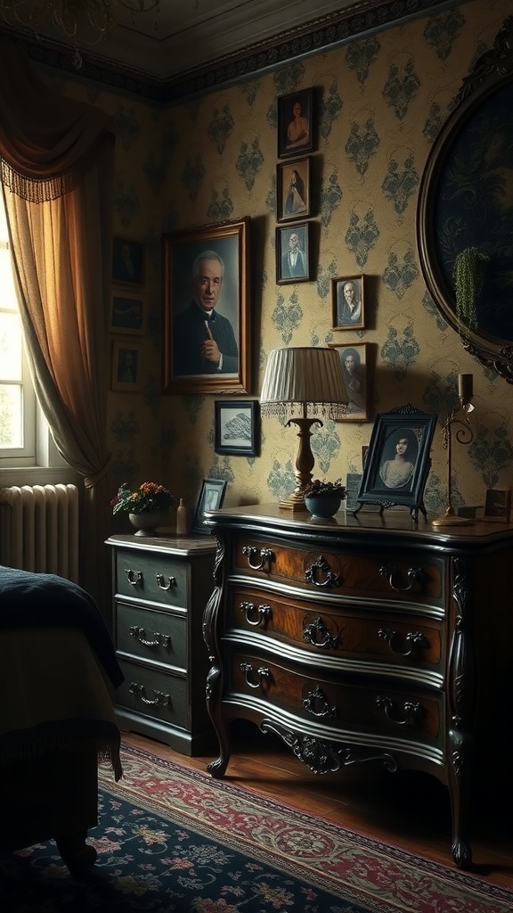 A cozy bedroom featuring antique furniture, including a wooden dresser and framed portraits on the wall.