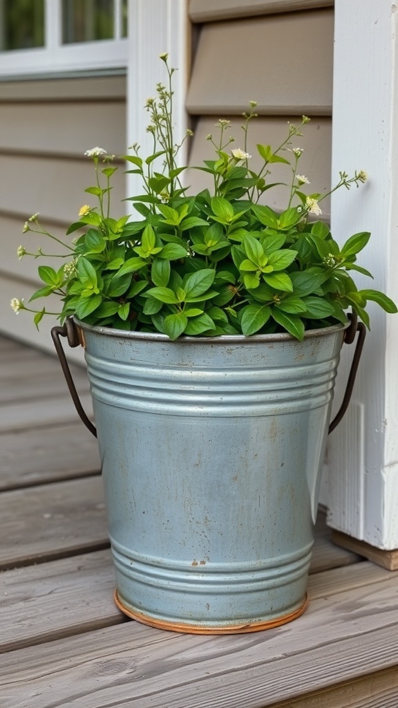 An antique metal bucket planter filled with green plants, placed on a wooden surface.