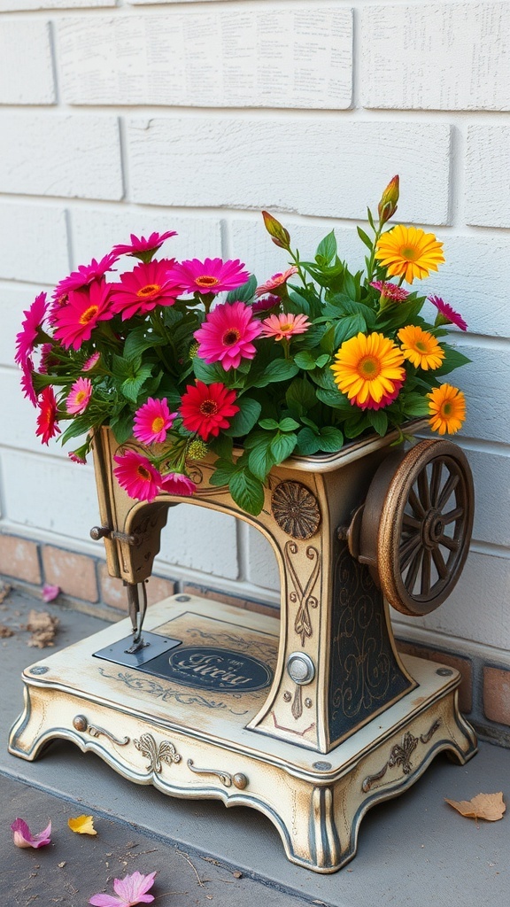 Antique sewing machine repurposed as a planter with colorful flowers
