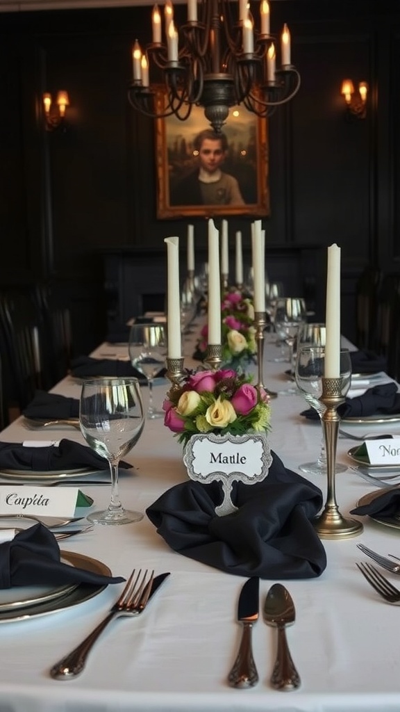 A beautifully set dining table featuring antique silverware, dark napkins, and a floral centerpiece, all under soft candlelight.