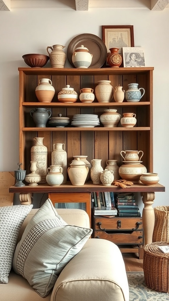 A wooden shelf displaying various antique stoneware and handmade pottery, showcasing different shapes and colors.