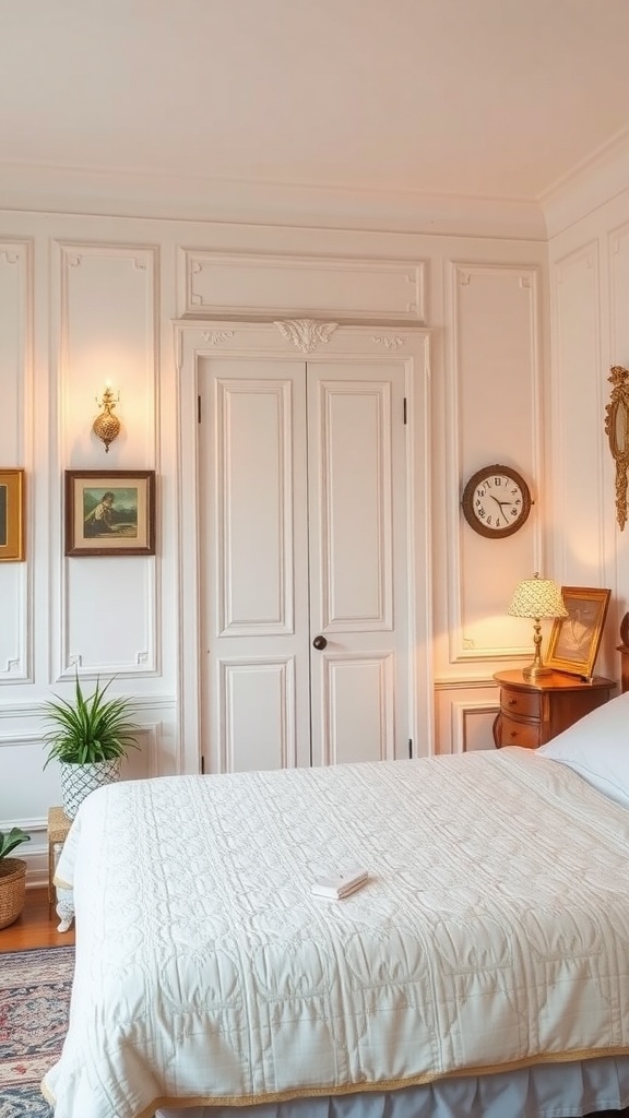 A cozy bedroom featuring Antique White walls, wooden accents, and soft textiles.
