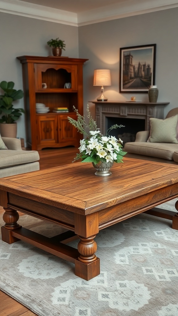 Antique wooden coffee table with floral arrangement in a cozy living room setting.