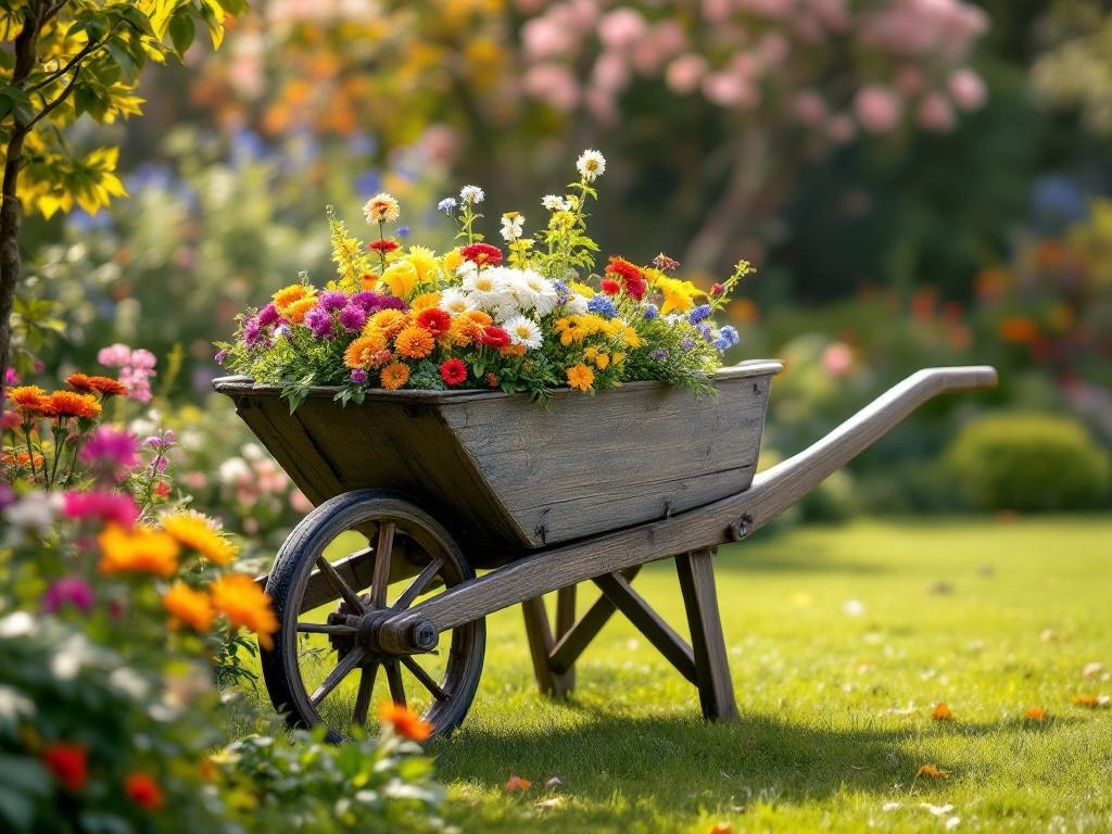 Antique wooden wheelbarrow filled with colorful flowers in a garden