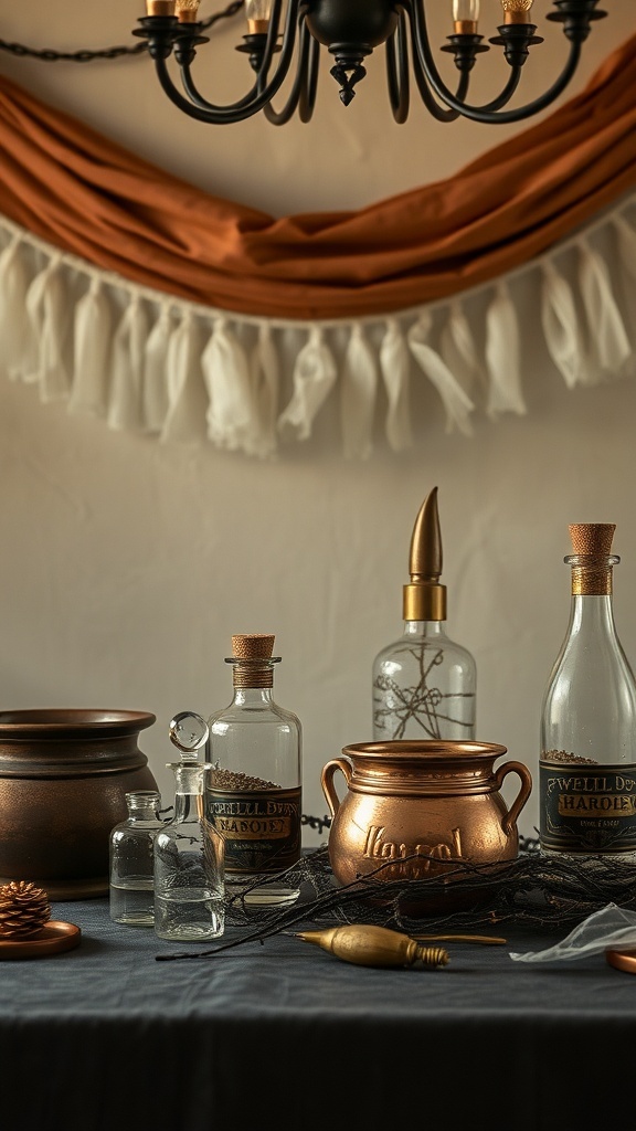 A collection of apothecary bottles arranged as a centerpiece for Halloween decor.