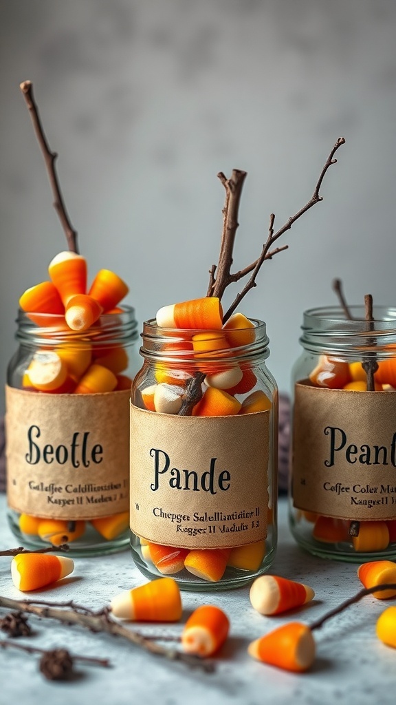 Three apothecary jars filled with candy corn and decorated with vintage labels.