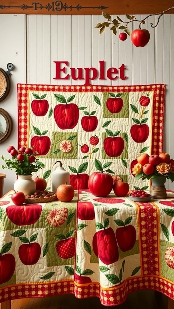 A colorful quilt featuring red apples and green leaves, displayed on a table with apples and a vase of flowers.