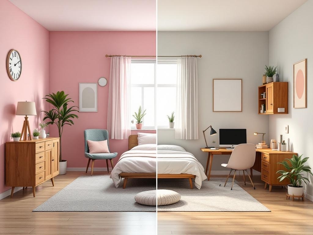 A split image showing two different styled rooms, one in pink tones and the other in gray, demonstrating organized spaces.