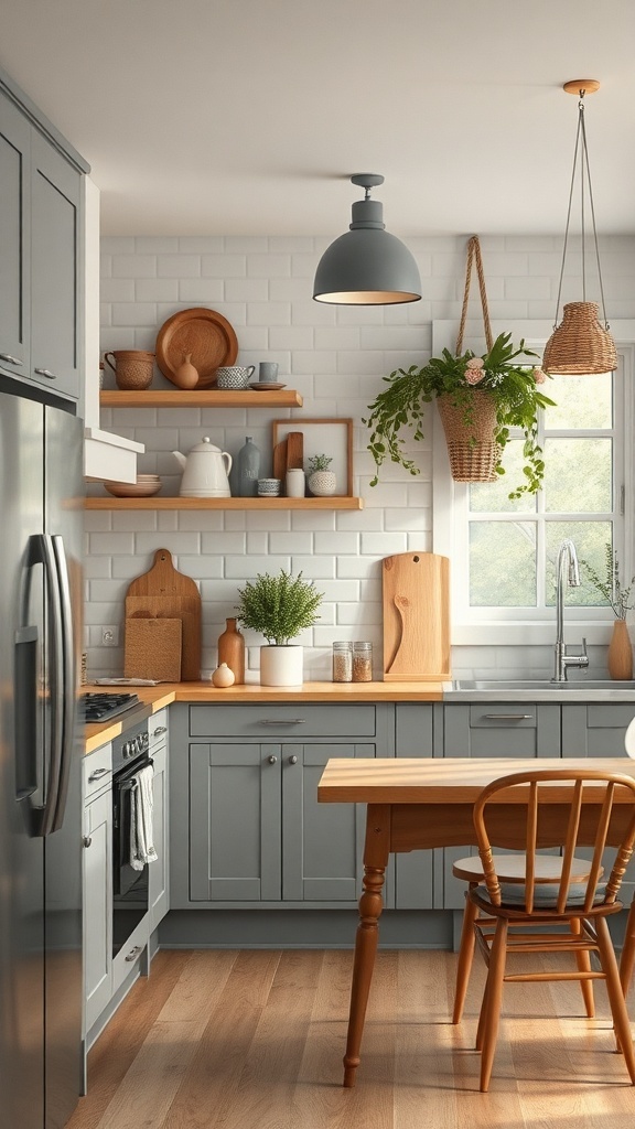 A cozy kitchen featuring soft matte blue cabinetry, warm wood accents, and fluted glass doors.