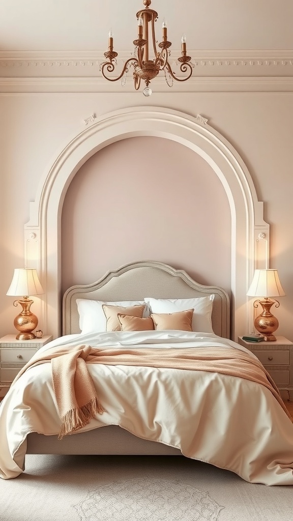 Elegant bedroom featuring an arched headboard wall with soft colors and warm lighting.