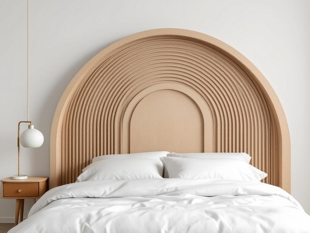 Arched plywood headboard with layered grooves and soft rounded edges in a modern bedroom setting.