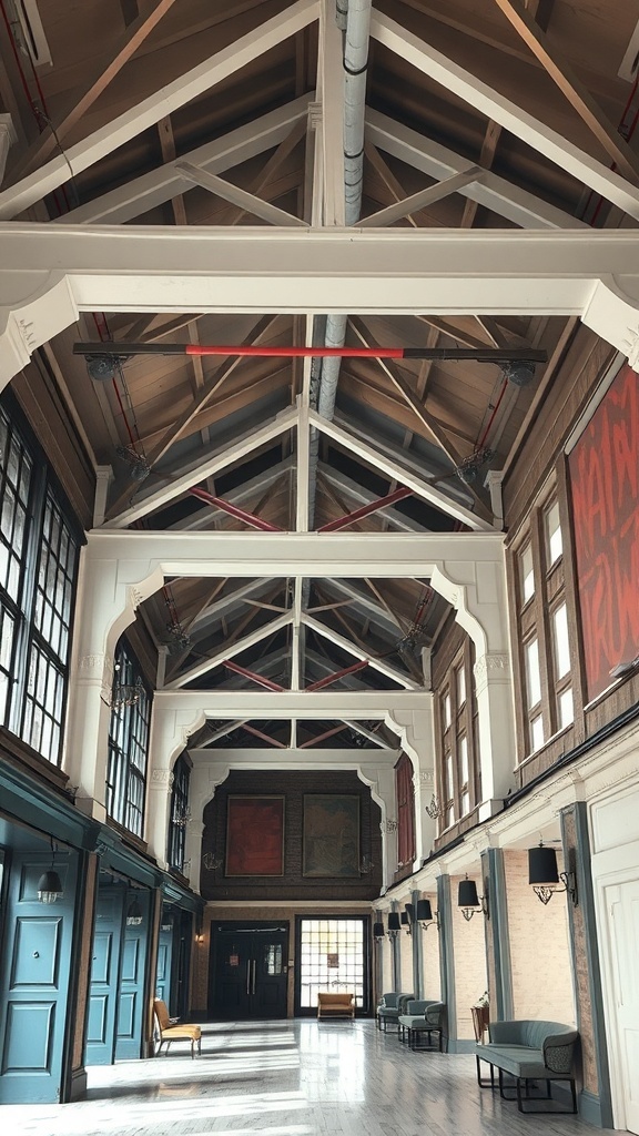 A spacious interior with a high ceiling featuring painted beams and large windows, showcasing a blend of modern and rustic design elements.