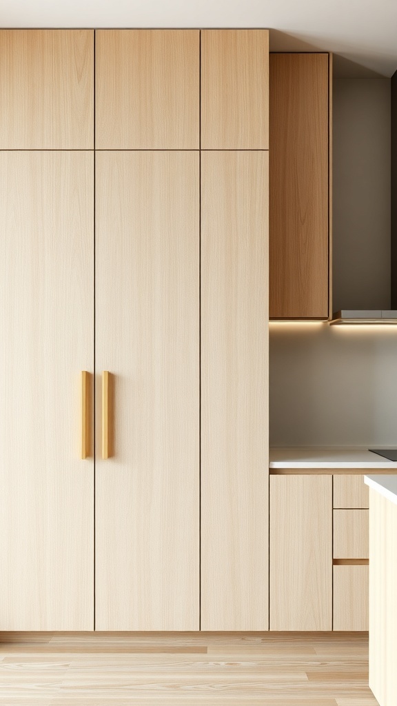 Vertical slatted white oak kitchen cabinets with brass handles