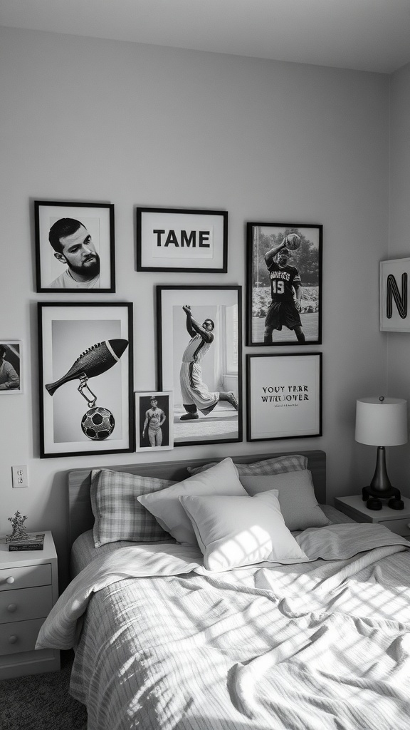 A stylish bedroom featuring a wall of framed black-and-white art, including sports images and personal quotes.