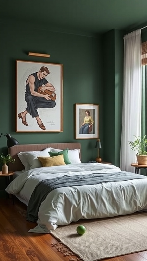 A modern green bedroom featuring art pieces and cozy decor elements.