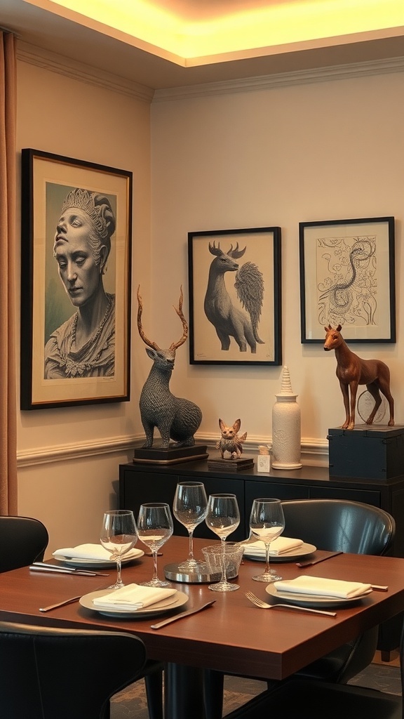 A stylish dining corner featuring artwork and sculptures