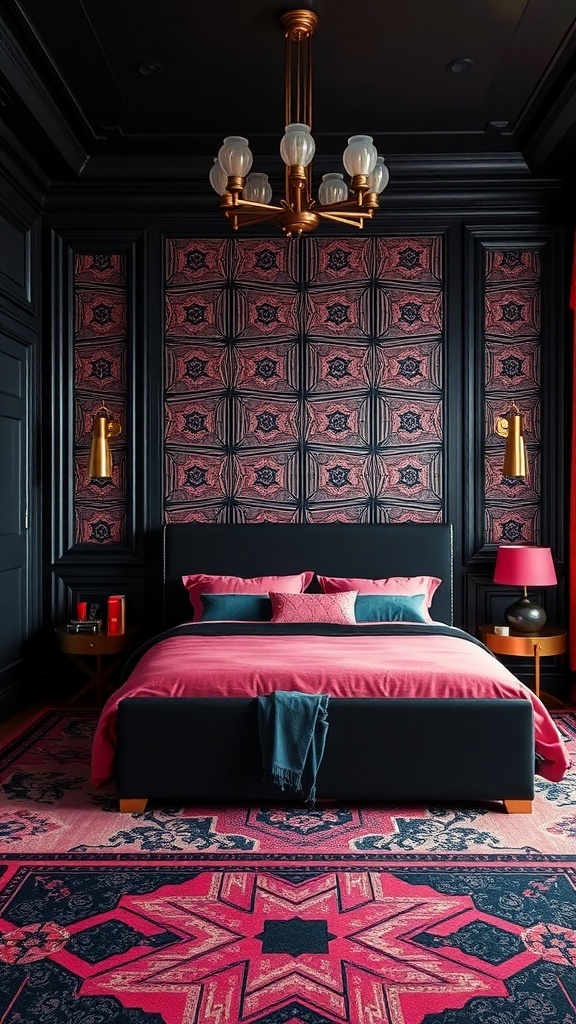 Art Deco-inspired black and pink bedroom featuring bold black walls, intricate pink wallpaper, and luxurious textures.