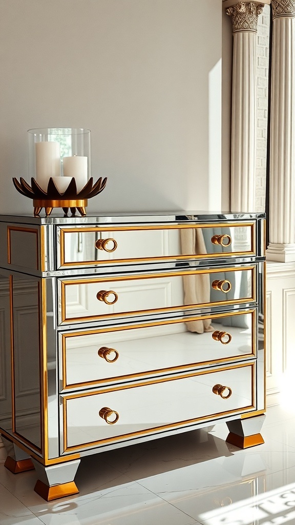 A mirrored chest of drawers with gold accents, featuring three drawers and a decorative candle holder on top.