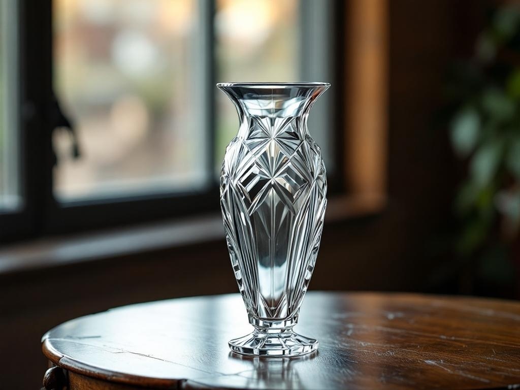 A beautifully cut Art Deco glass vase on a wooden table, with natural light coming through a window.
