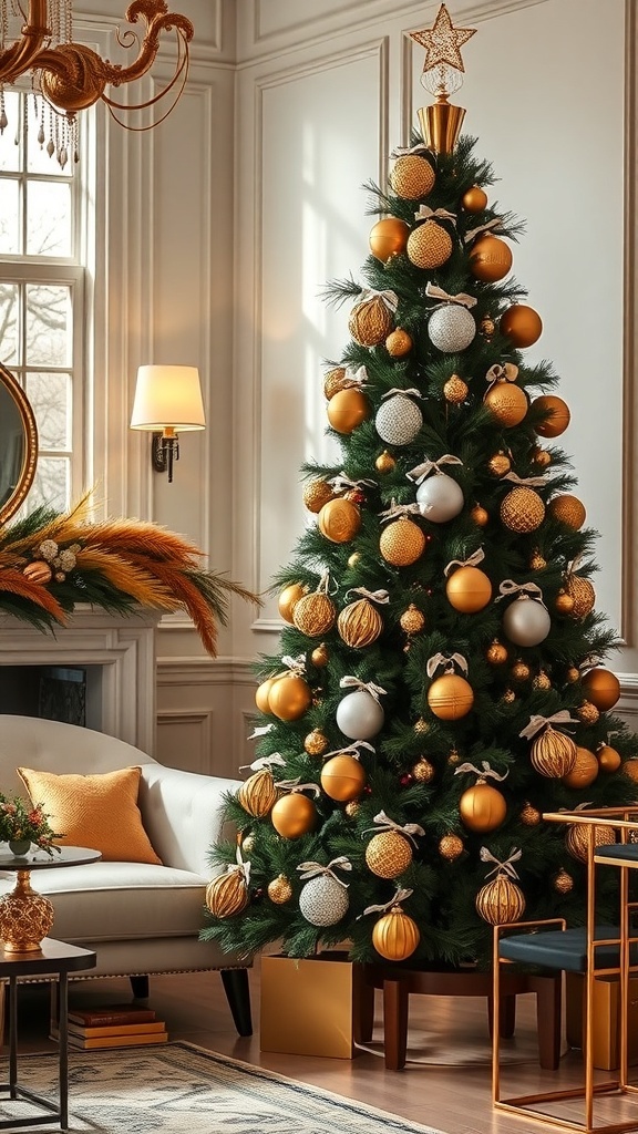 A beautifully decorated Christmas tree with gold and silver ornaments in an elegant living room.