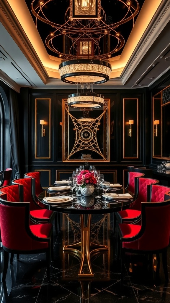 A luxurious Art Deco dining room featuring a round table, plush red chairs, and an intricate chandelier.