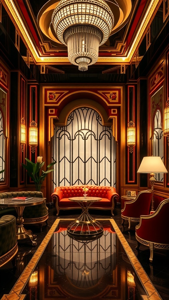 An elegant Art Deco interior featuring a luxurious chandelier, bold colors, and geometric patterns.